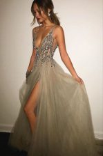 Discount A-line Sleeveless Champagne Prom Gown Sweep Train Backless