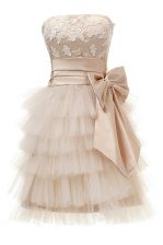 Customized Champagne Ball Gowns Appliques Prom Evening Gown Zipper Satin and Tulle Sleeveless Knee Length