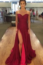  Chiffon Off The Shoulder Sleeveless Sweep Train Zipper Beading and Pleated Prom Evening Gown in Burgundy