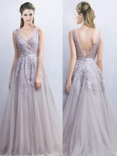 Customized Backless V-neck Sleeveless Dress for Prom With Brush Train Appliques and Belt Grey Tulle