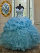 Deluxe Sleeveless Floor Length Beading and Ruffles and Pick Ups Lace Up Vestidos de Quinceanera with Baby Blue