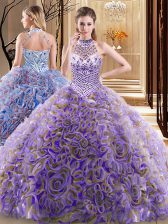  Halter Top Multi-color Lace Up Quinceanera Gowns Beading Sleeveless With Brush Train