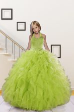  Halter Top Sleeveless Floor Length Beading and Ruffles Lace Up Kids Pageant Dress with Olive Green