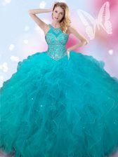 Graceful Halter Top Teal Sleeveless Tulle Lace Up Sweet 16 Dresses for Military Ball and Sweet 16 and Quinceanera