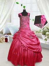 Affordable Straps Hot Pink Taffeta Lace Up Pageant Gowns For Girls Sleeveless Floor Length Beading and Appliques and Pick Ups