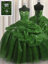 Designer Pick Ups Green Sleeveless Organza Lace Up Sweet 16 Quinceanera Dress for Military Ball and Sweet 16 and Quinceanera
