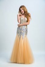  Sleeveless Tulle and Sequined Floor Length Zipper Evening Dress in Gold with Sequins