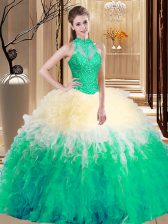 Hot Selling Multi-color Backless High-neck Lace and Appliques and Ruffles Sweet 16 Dress Organza Sleeveless