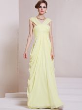 Hot Sale Floor Length Criss Cross Evening Dress Light Yellow for Prom and Party with Ruching