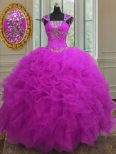 New Arrival Straps Floor Length Fuchsia Sweet 16 Dresses Organza Sleeveless Beading and Ruffles and Sequins