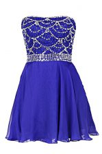 Pretty Sleeveless Knee Length Beading Zipper Prom Evening Gown with Royal Blue