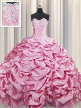  Rose Pink Ball Gowns Sweetheart Sleeveless Taffeta Brush Train Lace Up Beading and Pick Ups 15 Quinceanera Dress