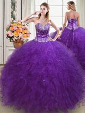 Edgy Eggplant Purple Sleeveless Floor Length Beading and Ruffles Lace Up Quinceanera Gowns