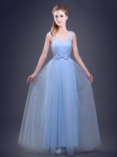 Deluxe Straps Light Blue Sleeveless Floor Length Ruching and Bowknot Lace Up Quinceanera Dama Dress