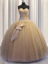 Simple Champagne Ball Gowns Beading and Bowknot 15 Quinceanera Dress Lace Up Tulle and Sequined Sleeveless Floor Length