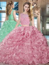  With Train Lace Up Sweet 16 Dresses Pink for Military Ball and Sweet 16 and Quinceanera with Lace and Ruffles Brush Train