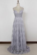  Grey Column/Sheath Spaghetti Straps Sleeveless Tulle With Train Sweep Train Backless Appliques Homecoming Dress