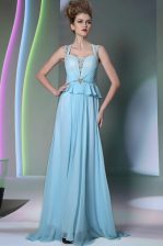 Popular Light Blue Column/Sheath Chiffon Scoop Sleeveless Beading Floor Length Zipper Prom Evening Gown