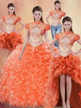  Four Piece Brush Train Ball Gowns 15th Birthday Dress Orange Red Straps Organza Sleeveless With Train Lace Up