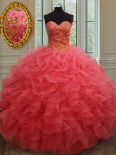  Coral Red Sleeveless Organza Lace Up Sweet 16 Dresses for Military Ball and Sweet 16 and Quinceanera