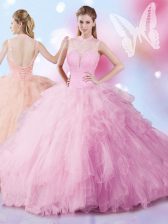 Hot Sale Sleeveless Tulle Sweet 16 Dresses Beading and Ruffles Lace Up
