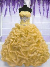  Floor Length Gold Ball Gown Prom Dress Organza Sleeveless Beading