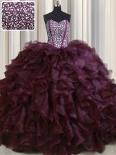  Visible Boning Brush Train Burgundy Sweetheart Neckline Beading and Ruffles Quinceanera Gown Sleeveless Lace Up