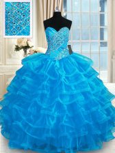 Luxury Floor Length Lace Up Quinceanera Dresses Blue for Military Ball and Sweet 16 and Quinceanera with Beading and Ruffled Layers