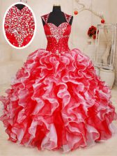  Straps Sleeveless Organza Floor Length Lace Up Quinceanera Dress in White and Red with Beading and Ruffles