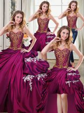 Gorgeous Four Piece Floor Length Lace Up Quinceanera Dresses Burgundy for Military Ball and Sweet 16 and Quinceanera with Beading and Appliques and Pick Ups