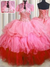 Smart Visible Boning Bling-bling Rose Pink Sleeveless Organza Lace Up Vestidos de Quinceanera for Military Ball and Sweet 16 and Quinceanera