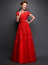 Top Selling Scoop Cap Sleeves Lace Up Floor Length Beading and Appliques Dress for Prom