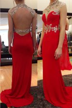 Best Red High-neck Backless Beading Sweep Train Sleeveless
