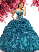 Free and Easy Organza Sweetheart Sleeveless Lace Up Beading and Ruffles Ball Gown Prom Dress in Teal