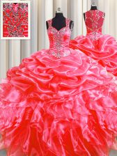  Pick Ups Zipper Up See Through Back Coral Red Zipper Quince Ball Gowns Beading and Ruffles Sleeveless Floor Length Sweep Train