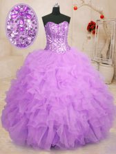 Colorful Lilac Sleeveless Organza Lace Up Quince Ball Gowns for Military Ball and Sweet 16 and Quinceanera