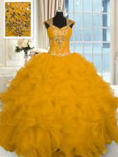 Discount Gold Ball Gowns Beading and Ruffles 15th Birthday Dress Lace Up Organza Cap Sleeves Floor Length