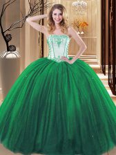 Hot Sale Floor Length Lace Up Quinceanera Gowns Green for Military Ball and Sweet 16 and Quinceanera with Embroidery