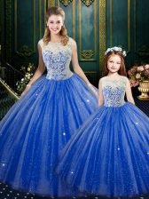 Best Selling Sleeveless Floor Length Lace Zipper Quinceanera Dress with Royal Blue
