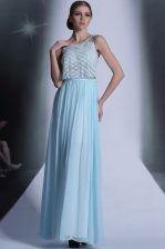  Scoop Sleeveless Chiffon Floor Length Side Zipper Homecoming Dress in Light Blue with Lace
