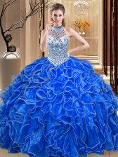  Royal Blue Lace Up Halter Top Beading and Ruffles Quince Ball Gowns Organza Sleeveless