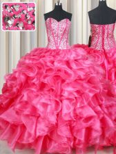  Hot Pink Ball Gowns Organza Sweetheart Sleeveless Beading and Ruffles Floor Length Lace Up 15 Quinceanera Dress