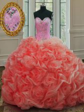 Clearance Sleeveless Beading and Pick Ups Lace Up Sweet 16 Quinceanera Dress with Watermelon Red Sweep Train