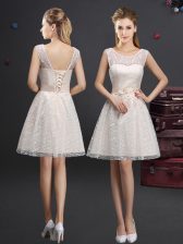 Sexy Scoop Champagne A-line Lace and Appliques Court Dresses for Sweet 16 Lace Up Lace Sleeveless Knee Length