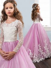 Trendy Scoop Long Sleeves Brush Train Lace and Bowknot Zipper Little Girls Pageant Dress
