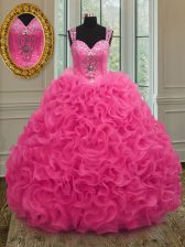 Luxurious Straps Floor Length Ball Gowns Sleeveless Hot Pink Vestidos de Quinceanera Zipper