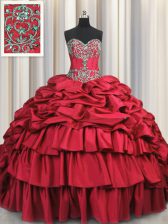  Embroidery Wine Red Sleeveless Taffeta Brush Train Lace Up Quince Ball Gowns for Military Ball and Sweet 16 and Quinceanera