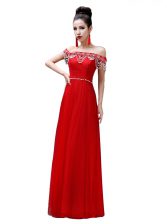  Off the Shoulder Red Sleeveless Chiffon Lace Up Prom Party Dress for Prom and Party