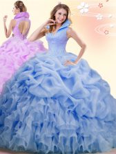 Edgy Blue Quinceanera Dresses Military Ball and Sweet 16 and Quinceanera with Beading and Ruffles and Pick Ups High-neck Sleeveless Brush Train Backless