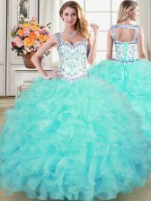Super Aqua Blue Straps Lace Up Beading and Lace and Ruffles Sweet 16 Dresses Sleeveless